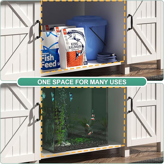 55-75 Gallon Aquarium Stand With Charging Station, Farmhouse Fish Tank Stand, Reptile Tank Stand Terrarium Stand with Drawer and Cabinet Storage, Sturdy Heavy Duty 53.5"×19.7" Tabletop - White-PurrikoPets