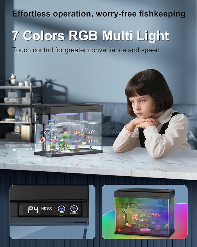 Fish Tank Aquarium Kit, 2.38 Gallon Beta Fish Aquariums, UHD Glass,Temperature Sensing, 7-Color Lighting Small Fish Tank for Kids/Desktop Decor-PurrikoPets