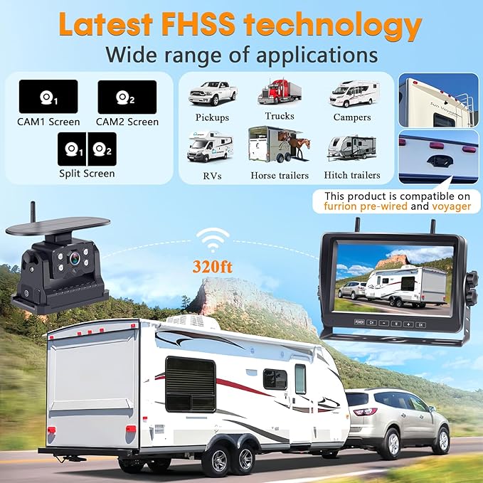 Dual RV Backup Camera Wireless with Magnetic - Recording 1080P HD Solar Rear View Camera Install-Free 7 Inch Touch Button Monitor No-Delay Signal for Truck Trailer YWD-902-PurrikoPets