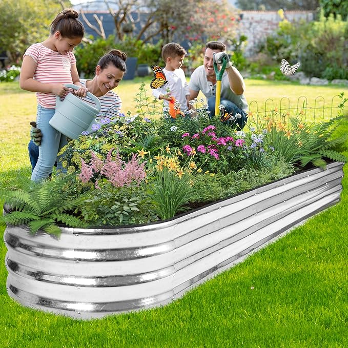 Galvanized Raised Garden Bed - 8×2×1ft Planter Raised Beds for Gardening | Oval Metal Garden Planter Box with Safety Edging and Bracing Rods for Vegetables Fruits and Flowers - Silver-PurrikoPets
