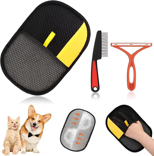 3 Pcs Pet Hair Removal Glove Set, Reusable Electrostatic Pet Hair Remover with Hair Remover Brush and Pet Comb, Upgrade Efficient Cats&Dogs Grooming Gloves for Clothes Furniture Carpet Seat-PurrikoPets