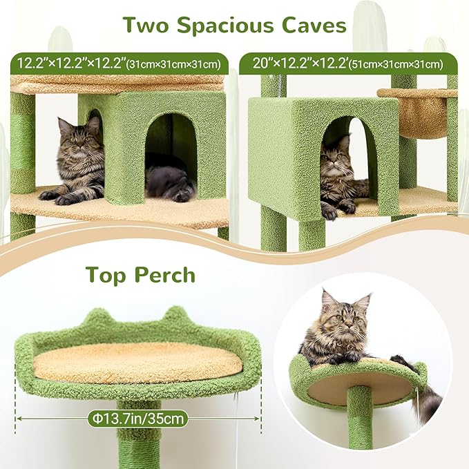 Globlazer Heavy Duty Cactus Cat Tree for Large Cats, Sturdy 72in Maine Coon Cat Tree for Large Cats 20 lbs+ Cactus Cat Tower for Adult Biggest Cats with 6 Scratching Posts, Hammock, S72, Green-PurrikoPets