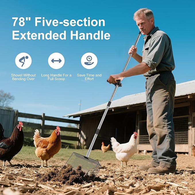 15" Widely Chicken Coop Poop Scooper- Ergonomic Chicken Poop Scooper with 38" to 77" Adjustable Long Handle, Extra-Large Scoop for Sand and Litter, Easy-to-Clean, Multi-Scene Use for Poultry-PurrikoPets