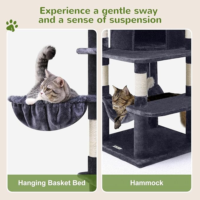 Globlazer Corner Cat Tree for Large Cats, 66inch Tall Curved Series Large Cat Tower for Multiple Indoor Cats with 6 Scratching Posts, 2 Spacious Cat Condos, Hammock, Hanging Basket, C66, Dark Grey-PurrikoPets