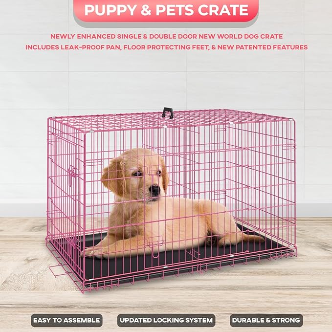 FDW Dog Crate for Small Dogs 24 Inch Folding Metal WirePet Cage Double Door W/Divider Panel Indoor Outdoor Kennel Leak-Proof Plastic Tray,Pink-PurrikoPets