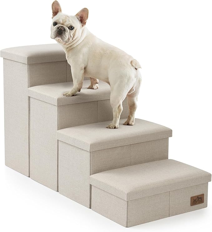 Dog Stairs with Storage, 4-Step Wider Sturdy Dog Steps for Small/Medium/Large Dogs and Older Cats, Folding Doggie Ramp for Bed/Couch/Car Hold Up to 180 lbs (22" H, Beige)-PurrikoPets