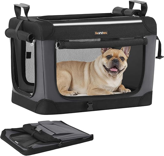 Feandrea Collapsible Dog Crate, 24-Inch Portable Dog Travel Crate for Small Dogs, Oxford Fabric Pet Carrier with 4 Mesh Doors, Handles, Storage Pocket, Water Bottle Holder, Ink Black UPDC016B01-PurrikoPets