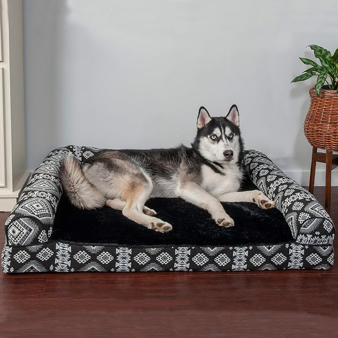 Furhaven Orthopedic Dog Bed for Large Dogs w/ Removable Bolsters & Washable Cover, For Dogs Up to 95 lbs - Plush & Southwest Kilim Woven Decor Sofa - Black Medallion, Jumbo/XL-PurrikoPets