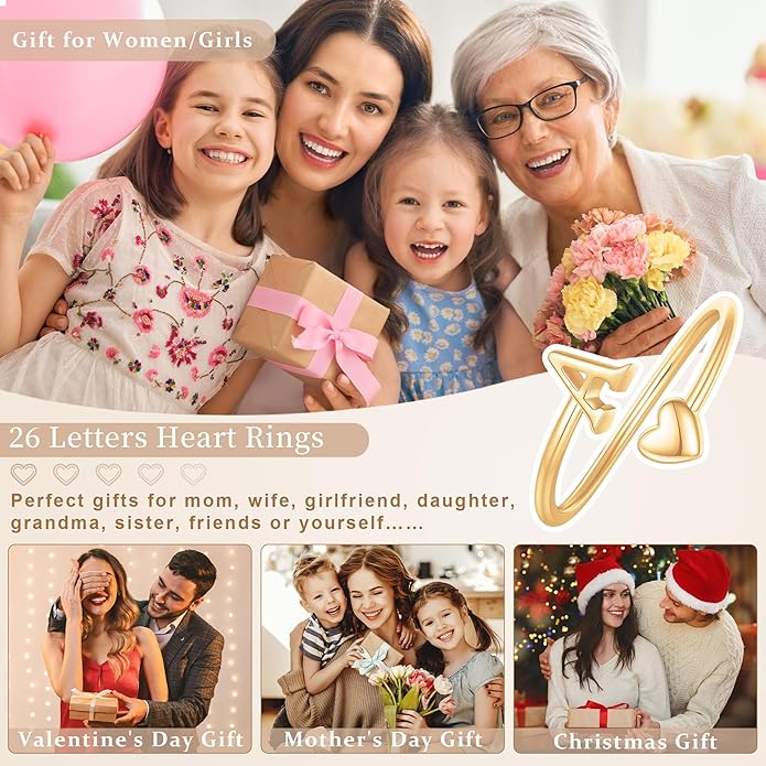 Initial Rings for Women Girls - Valentines Day Gifts for Her, Adjustable Rings for Women Non Tarnish Letter A-Z Dainty Heart Ring Teen Girls Gifts Trendy Stuff Personalized Jewelry Gift