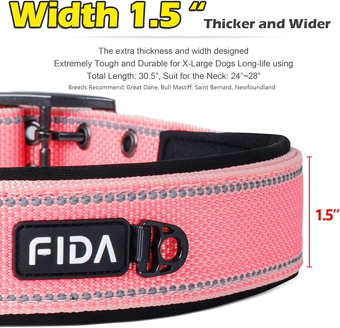 Fida Heavy Duty Dog Collar 1.5” Width, Ultra Soft Neoprene Padded, Adjustable Reflective Nylon Pet Collar with Two Metal Pin Belt Buckle for Large/X-Large Breeds (XL, Pink)-PurrikoPets