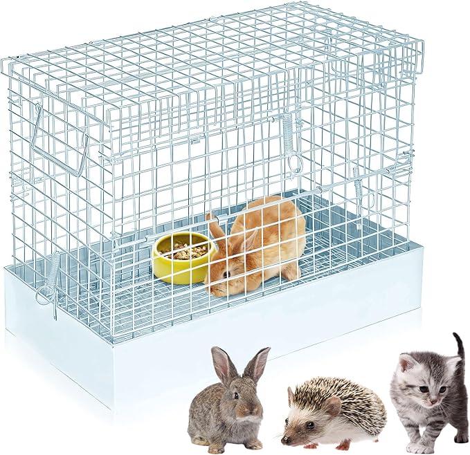 Folding Rabbit Cage, 18 x 10 x 14 in Portable Bunny Carrier with Tray and Handles for Transport, Travel or Temporary Housing, Indoor Outdoor Pet Habitat Animal Enclosure-PurrikoPets