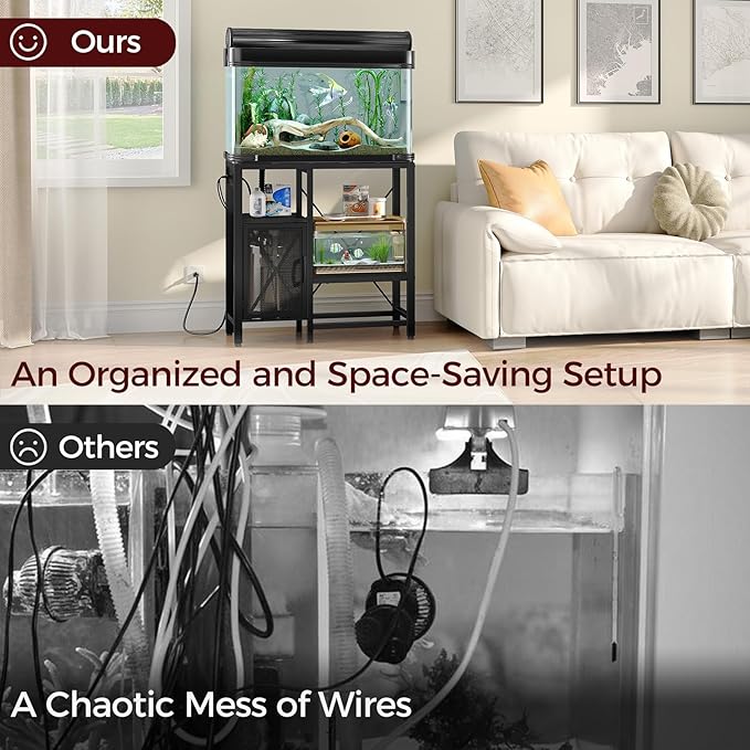 20-37 Gallon Fish Tank Stand, Aquarium Stand with Power Outlet and Storage Cabinet, Heavy Duty Tank Stand Suitable for Turtle Tank, Reptile Terrarium, for Home Office, Black FTHB40E01-PurrikoPets