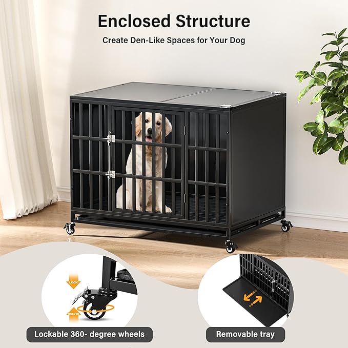 42 inch Heavy Duty Dog Crate with Self-Locking Latch, Indestructible Steel Large Kennel with Enclosed Design, Chew-Proof and Escape-Proof Pet Cage for High Anxiety Dogs-PurrikoPets