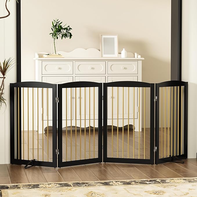 Freestanding Pet Gate for Dogs, Indoor Wooden Dog Gate for House, Foldable Dog Gate for Doorway, Stair, Step Over Pet Puppy Safety Fence Tall, 80 Inch Wide, 4 Panels 32", Black & Gold-PurrikoPets