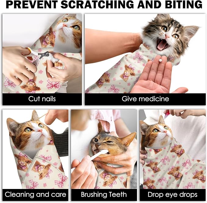 27.6" Cat Grooming Wrap, Self Adhesive Cat Wrap for Cutting Nails, Anti-Escape Calming Cat Swaddle Wrap for Medicine Ear Cleaning, Cow Anti-Scratch Cats Burrito Restraint Blanket, Practical Pet Tool-PurrikoPets