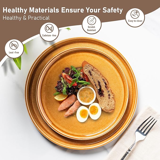 GBHOME Ceramic Dinnerware Sets for 4, 12 Pieces Stoneware Plates and Bowls Sets, Scratch Resistant Dishes, Dishwasher & Microwave Safe, Reactive Glaze-Amber-PurrikoPets
