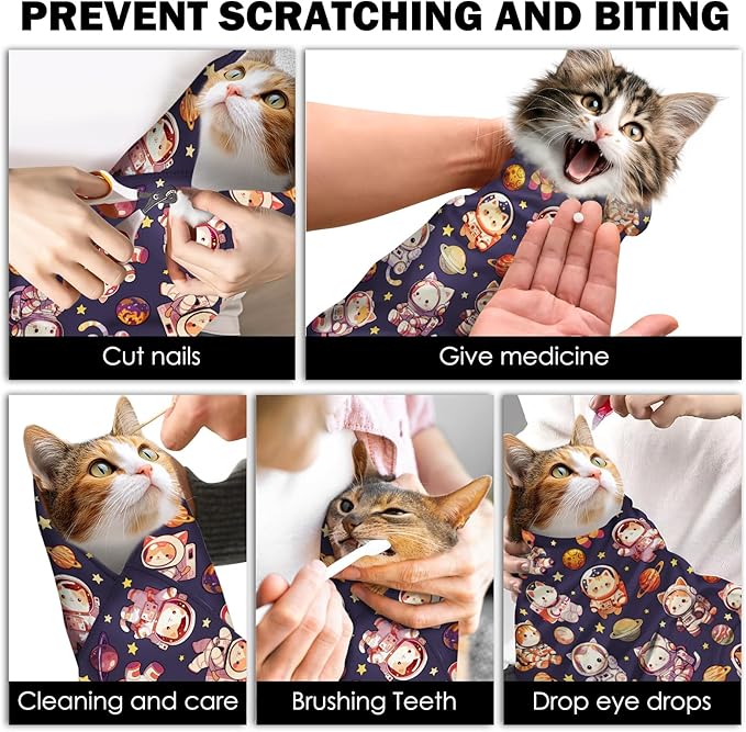 27.6" Cat Grooming Wrap, Self Adhesive Cat Wrap for Cutting Nails, Anti-Escape Calming Cat Swaddle Wrap for Medicine Ear Cleaning, Anti-Scratch Cats Burrito Restraint Blanket, Practical Pet Tool-PurrikoPets