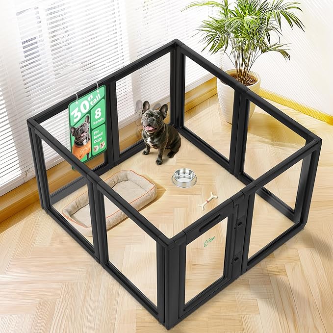 FXW AuraSpace Acrylic Indoor Unleashed Dog Playpen for Small and Medium Dogs, 30 Inch, 8 Panels, Black-PurrikoPets