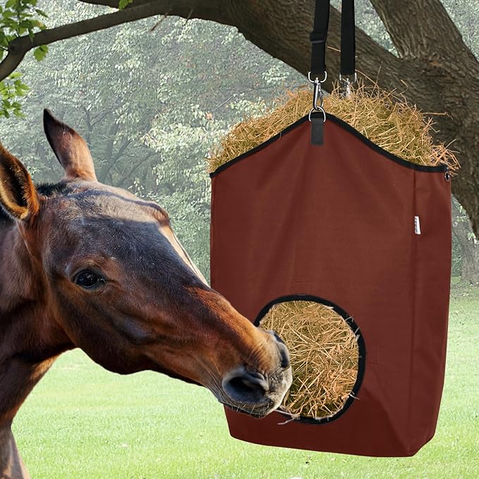 3 Packs Goat Hay Feeder,Hay Bags for Goats,Horses,Sheep,Premium 600D Oxford Cloth,with Metal Fastener and Adjustable Open Feed Hole for Slow Feeding. (2Brown + 1Black)-PurrikoPets