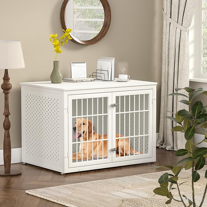 42" Heavy Duty Dog Crate Furniture for Large and Medium Dogs, Enclosed Design Wooden Metal Kennel, Wooden Cage Furniture Indoor, Decorative Dog Kennel End Table-PurrikoPets