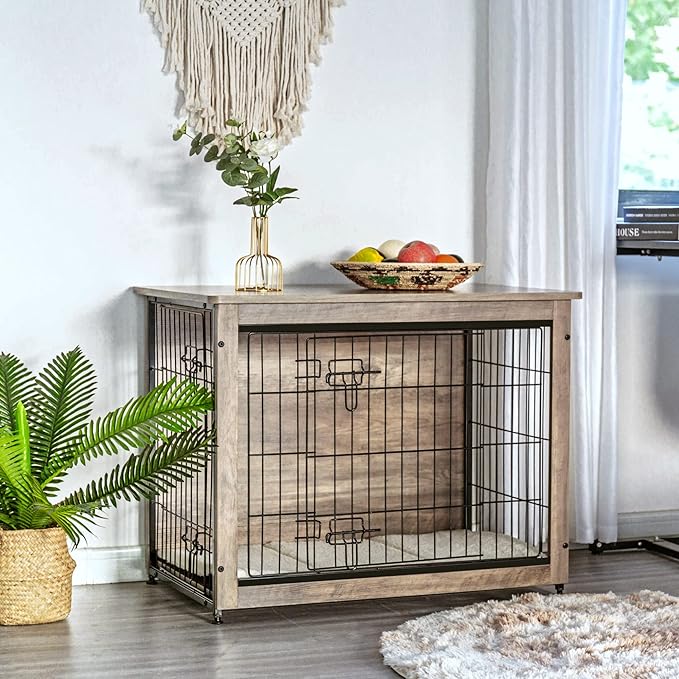 DWANTON Dog Crate Furniture with Cushion, Wooden Kennel Table with Double Doors, Indoor Dog House, Medium Size, 32.5" L, Greige-PurrikoPets