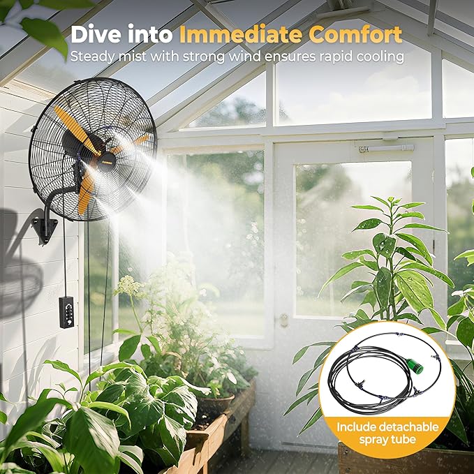 24 Inch Oscillating Misting Wall Mount Fan, Extra Long 3.9ft Wired Remote and 9.8ft Power Cord, IP44 Industrial Commercial Wall Mounted Fan for Greenhouse, Garage, Workshop, Covered Patio-PurrikoPets