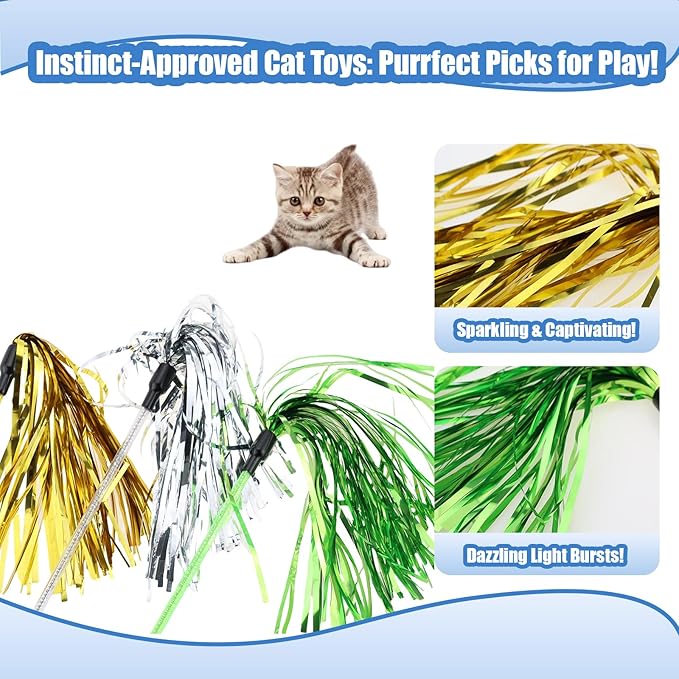 ADUCK Interactive Cat Teaser Wand Toy with Tassels - Durable Cat Chaser for Indoor Kitten Exercise, Boredom Relief & Training Play, Pack of 3 (Gold, Silver, Green)-PurrikoPets