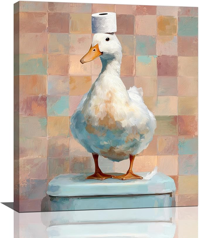 Funny Duck Bathroom Wall Art Cute Duck on Toilet Canvas Wall Decor Funny Quirky Farm Animal Pictures Painting Print Framed Artwork Decorations Gifts for Bathroom 20"x24"-PurrikoPets