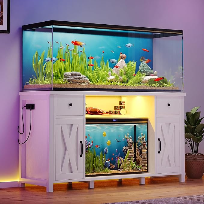 75 Gallon Fish Tank Stand with LED Light & Power Outlets, 55-75 Gallon Aquarium Stand with 2 Drawers & 2 Barn Doors, 52" L x 20" W Cabinet for 2 Fish Tank Accessories Storage, Turtle Tank, White-PurrikoPets