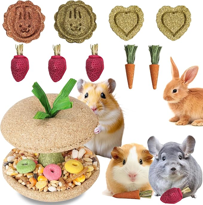 10 PCS Guinea Pig Chew Toys for Teeth, Rabbit Chew Toys Contain Natural Timothy Apple Core, Grass Cake, Carrot and Strawberry;Hamster toys for Bunny Chinchilla Gerbil Dental Care & Treat Teething-PurrikoPets