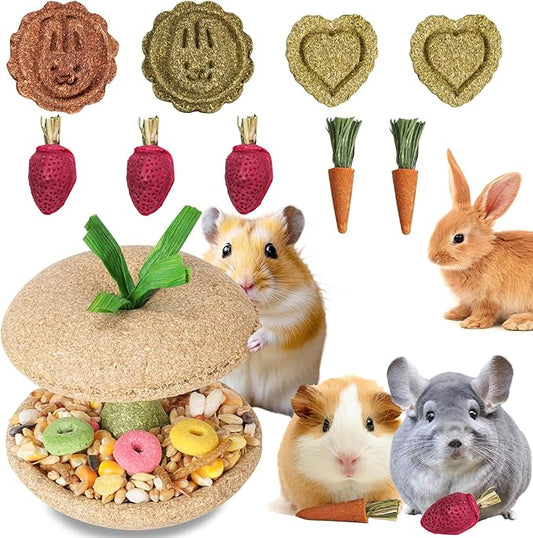 10 PCS Guinea Pig Chew Toys for Teeth, Rabbit Chew Toys Contain Natural Timothy Apple Core, Grass Cake, Carrot and Strawberry;Hamster toys for Bunny Chinchilla Gerbil Dental Care & Treat Teething-PurrikoPets