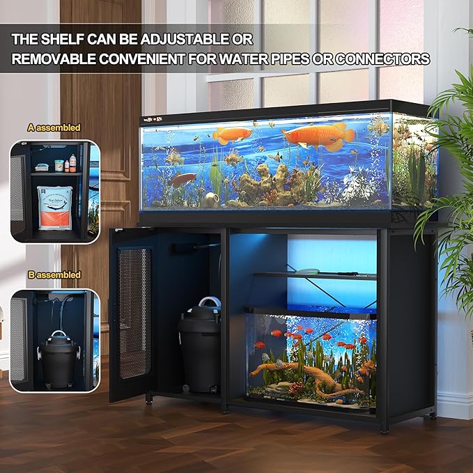 55-75 Gallon Fish Tank Stand with Power Outlets & LED Light, Reversible Heavy Duty Metal Aquarium Stand with Cabinet for Fish Tank Accessories Storage, Turtle/Reptile Terrariums, Black-PurrikoPets