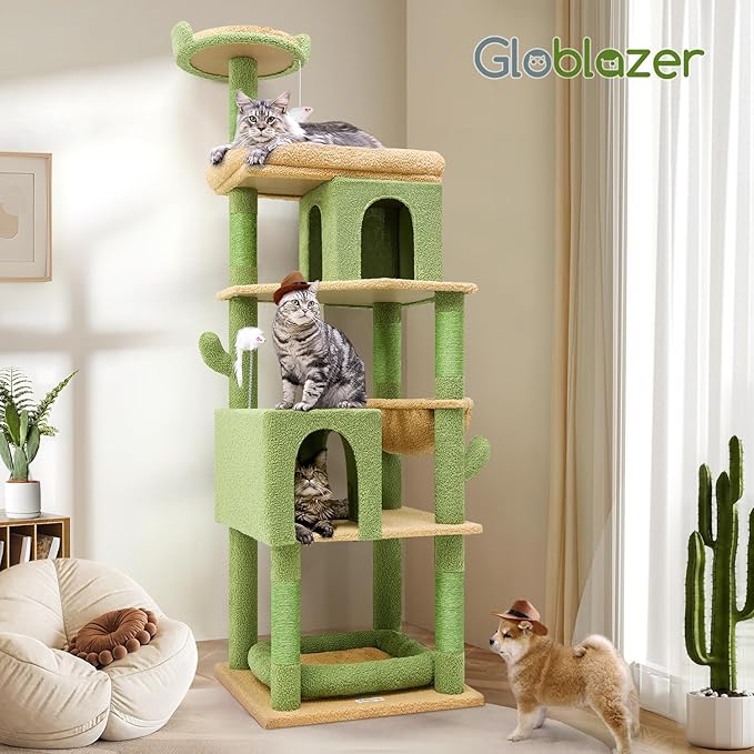 Globlazer Heavy Duty Cactus Cat Tree for Large Cats, Sturdy 72in Maine Coon Cat Tree for Large Cats 20 lbs+ Cactus Cat Tower for Adult Biggest Cats with 6 Scratching Posts, Hammock, S72, Green-PurrikoPets
