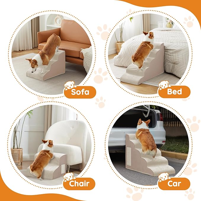 Dogs Steps for Bed, Dog Stairs for Small Dogs, 4-Step Dog Ramp for Bed, Couch, Sofa, and Chairs, Non-Slip Bottom Design, Cat Scratching, High Density Foam Portable Pet Step, Indoor, Beige-PurrikoPets