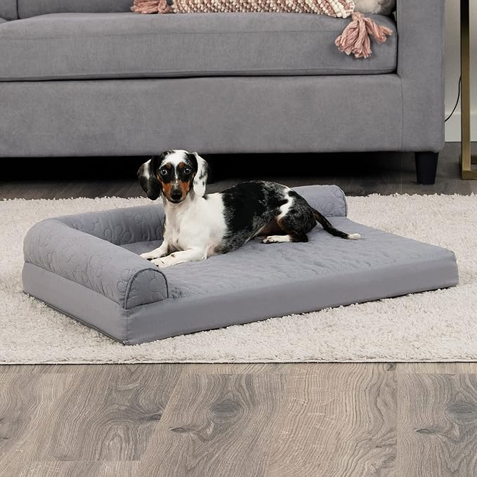 Furhaven Cooling Gel Dog Bed for Medium/Small Dogs w/ Removable Bolsters & Washable Cover, For Dogs Up to 35 lbs - Pinsonic Quilted Paw L Shaped Chaise - Titanium, Medium-PurrikoPets
