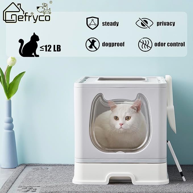 Gefryco Litter Box with Lid for Small to Medium Cats, Enclosed Cat Litter Box with Cover，High Sided Top Entry Cat Box with Brush and Scoop, Cute Kitty Litter Pan with Drawer for Growing Kittens(Grey)-PurrikoPets