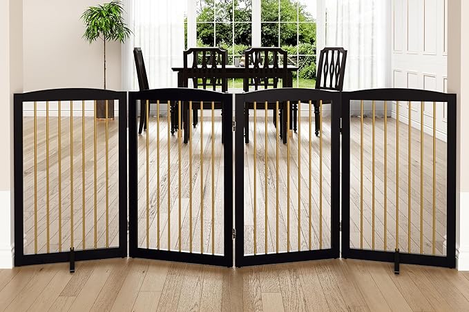 Freestanding Pet Gate for Dogs, Indoor Wooden Dog Gate for House, Foldable Dog Gate for Doorway, Stair, Step Over Pet Puppy Safety Fence Tall, 80 Inch Wide, 4 Panels 32", Black & Gold-PurrikoPets