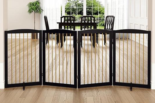 Freestanding Pet Gate for Dogs, Indoor Wooden Dog Gate for House, Foldable Dog Gate for Doorway, Stair, Step Over Pet Puppy Safety Fence Tall, 80 Inch Wide, 4 Panels 32", Black & Gold-PurrikoPets