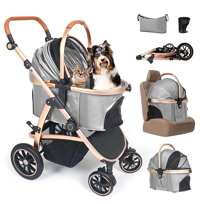 3 in 1 Pet Stroller - Stroller for Small to Medium Dogs and Cats up to 55 lbs, with Detachable Carrier/Car Seat, Foldable and Lightweight, Detachable Cushion + Cup Holder (Gray)-PurrikoPets