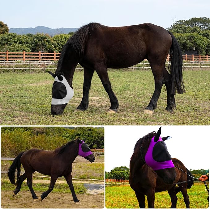 2 Piece Horse Fly Mask with Ears, Comfortable Fit Stretch Fabric Big Eye Space Soft Breathable with UV Protection for Full Horses (Purple-Gray)-PurrikoPets