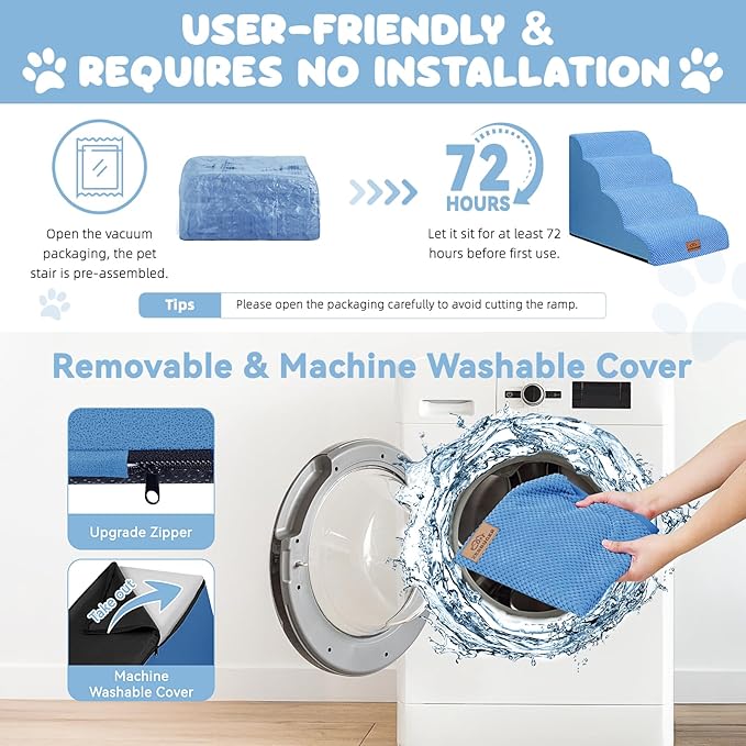 Dog Ramp and Stair for Bed 16" H-20 H,3-Step Cat Stair for Sofa and Chair,4-Step Dog Ramp for High Bed and Window,Durable Nonslip Fabric Cover for Indoor (Blue-20“H, Pet Friendly, 4)-PurrikoPets