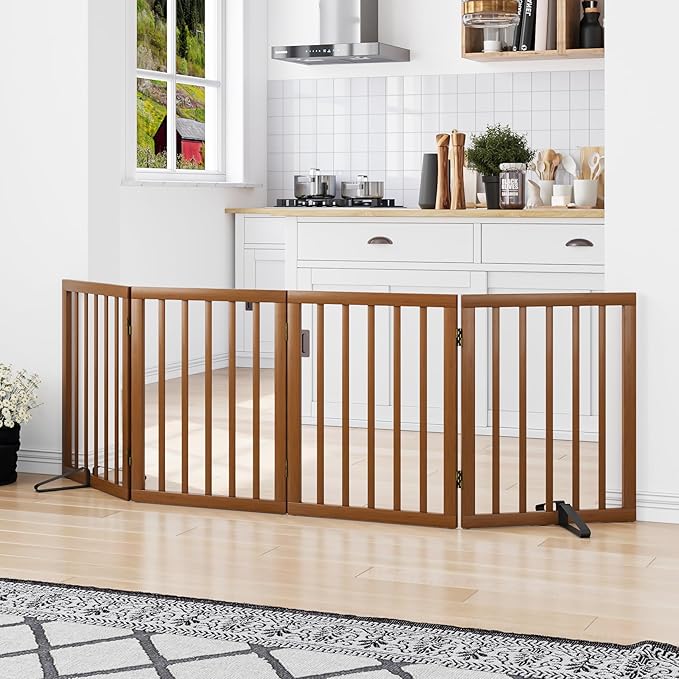 Freestanding Pet Gate Foldable 4 Panel Dog Gate Walnut Dog Gates for Stair Doorways House Indoor (2 Support Feet Included)-PurrikoPets
