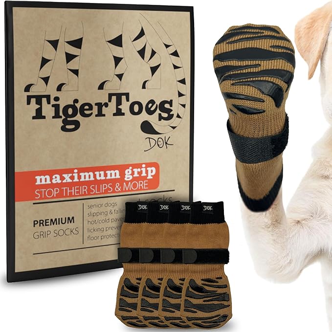 DOK TigerToes Premium Non-Slip Dog Socks for Hardwood Floors - Extra-Thick Grip That Works Even When Twisted - Prevents Licking, Slipping, and Great for Dog Paw Protection (Cool Caramel, X-Small)-PurrikoPets