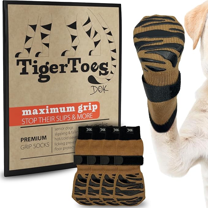 DOK TigerToes Premium Non-Slip Dog Socks for Hardwood Floors - Extra-Thick Grip That Works Even When Twisted - Prevents Licking, Slipping, and Great for Dog Paw Protection (Cool Caramel, X-Large)-PurrikoPets