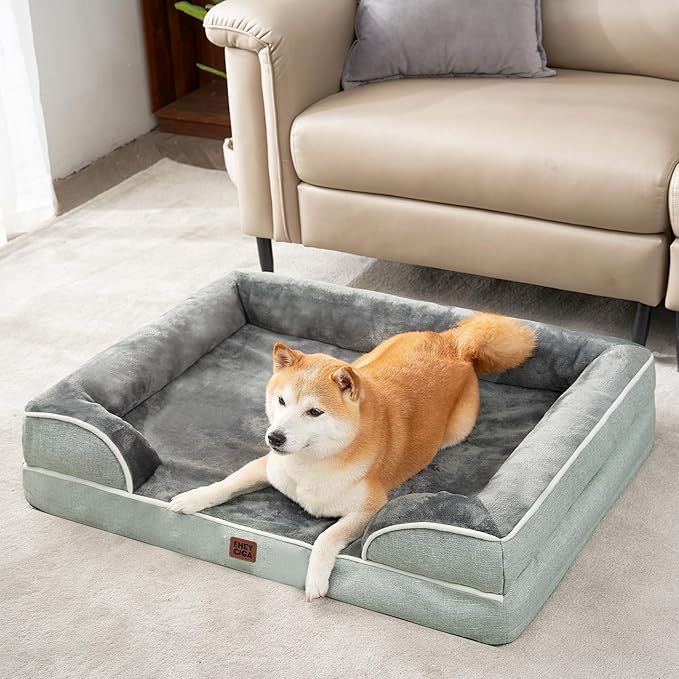 EHEYCIGA Orthopedic Dog Bed for Medium Dogs, Waterproof Memory Foam Medium Dog Beds with Sides, Non-Slip Bottom and Egg-Crate Foam Pet Couch Bed with Washable Removable Cover, Greyish Green-PurrikoPets