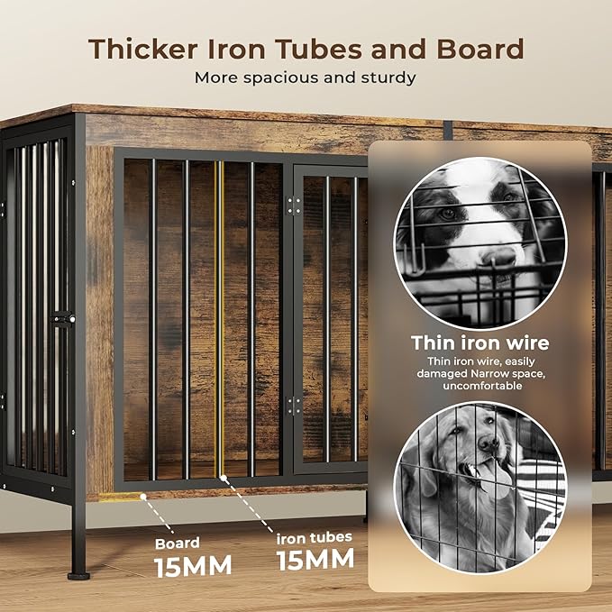 63 in Dog Crate Furniture for 2 Large/Medium Dogs with Removable Divider, Extra Large Double Doors Dog Kennel, XXL Thick Wooden Dog Cage Furniture,Sturdy and Durable, Brown-PurrikoPets