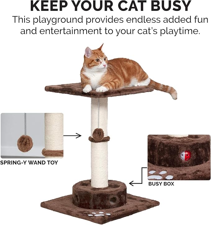Furhaven 22.5" Tall Cat Tree for Indoor Cats, Ft. Sisal Scratching Post, Plush Ball Toy, & Busy Box Toy - Tiger Tough Scratching Post Interactive Playground - Brown, One Size-PurrikoPets