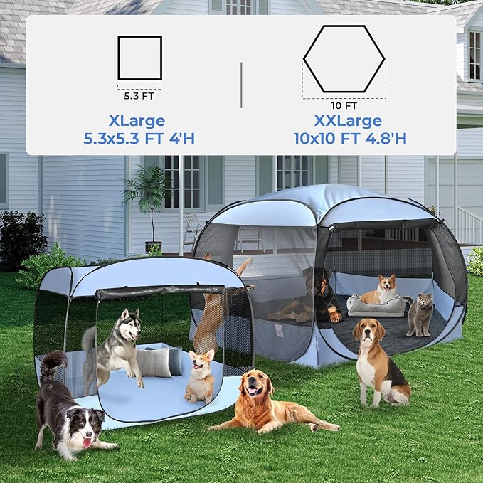 EighteenTek XLarge Popup Portable Dog Houses, 5.3'x4'H Assembly-Free Gazebo-Style Dog Cot Cat Playpen Screen Pet Tent Sun Shade Shelter Dog Bed with Canopy for Outdoor, Anti-Bugs with Leakproof Bottom-PurrikoPets