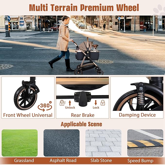 3 in 1 Multifunction Pet Stroller for Small Medium Dogs Cats, No-Zip Dog Stroller with Detachable Carrier & Cup Holder, One-Hand Quick Fold, 4 Wheels Travel Foldable Aluminum Alloy Frame Up to 33 lbs-PurrikoPets