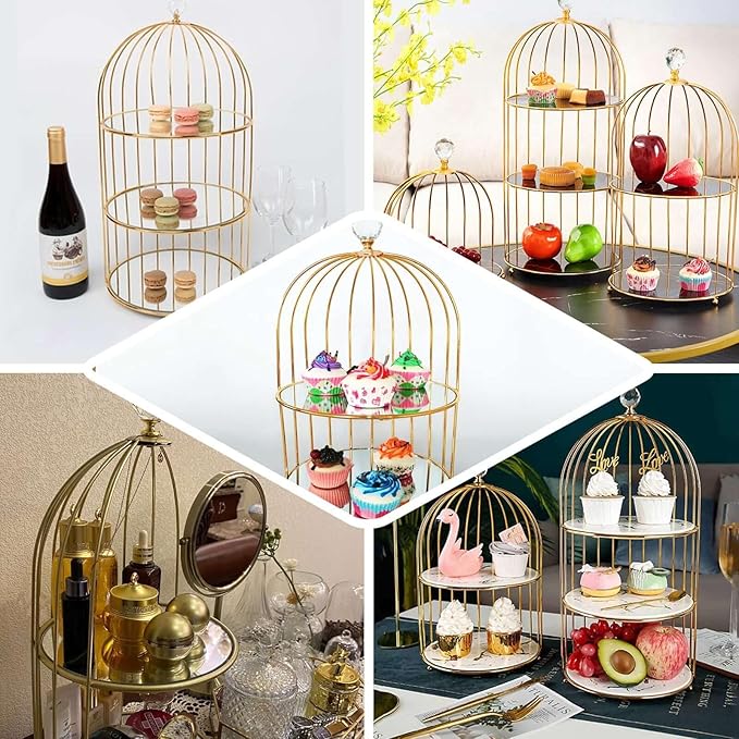 Efavormart 22" - 3 Tier Crystal Mirror Top Gold Metal Bird Cage Cupcake Cake Stand, Dessert Display for Wedding, Party, Birthday, Baby Shower Celebrations, Home Decorations-PurrikoPets